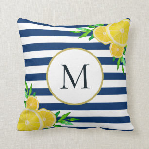 Elegant Blue White Stripes Summer Lemon Monogram Throw Pillow