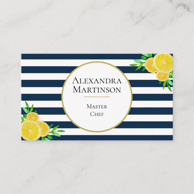 Elegant Blue White Stripes Watercolor Lemons Chef Business Card (Front)
