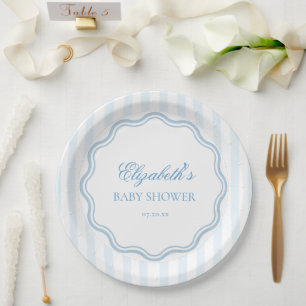 Elegant Blue White Stripes Wavy Scalloped Frame  Paper Plates