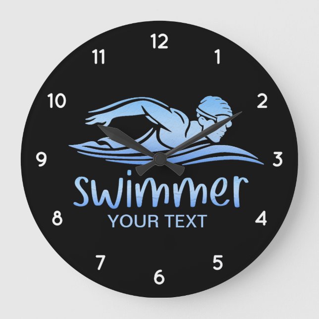 Elegant Blue White Swimmer Swimming Pool Water    Large Clock (Front)