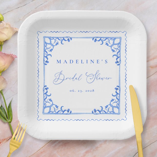 Elegant Blue White Tile Bridal Shower Paper Plates (Creator Uploaded)
