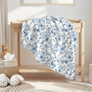 Elegant Blue & White Toile de Jouy Floral Pattern Baby Blanket