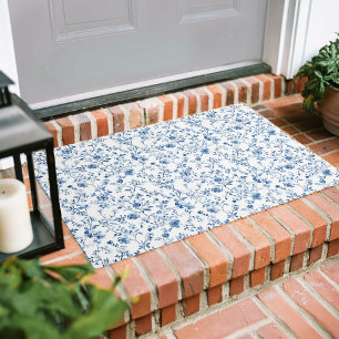 Elegant Blue & White Toile de Jouy Floral Pattern Doormat