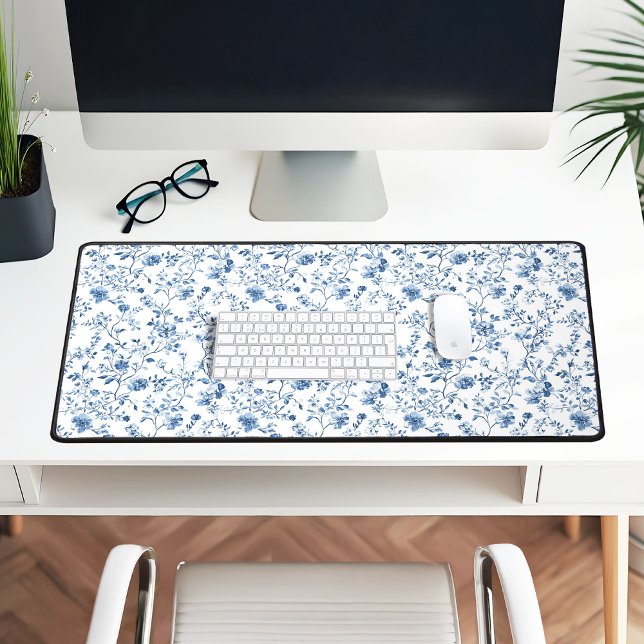 Elegant Blue White Toile Floral Pattern Botanical Desk Mat (Elegant botanical toile pattern in blue and white - add a stylish and homely touch to your office)
