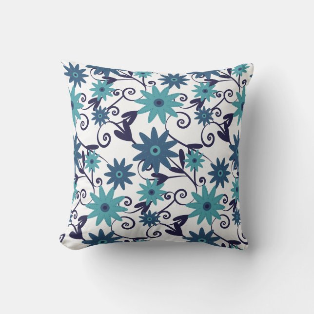Elegant blue white turquoise flower pattern throw pillow (Front)
