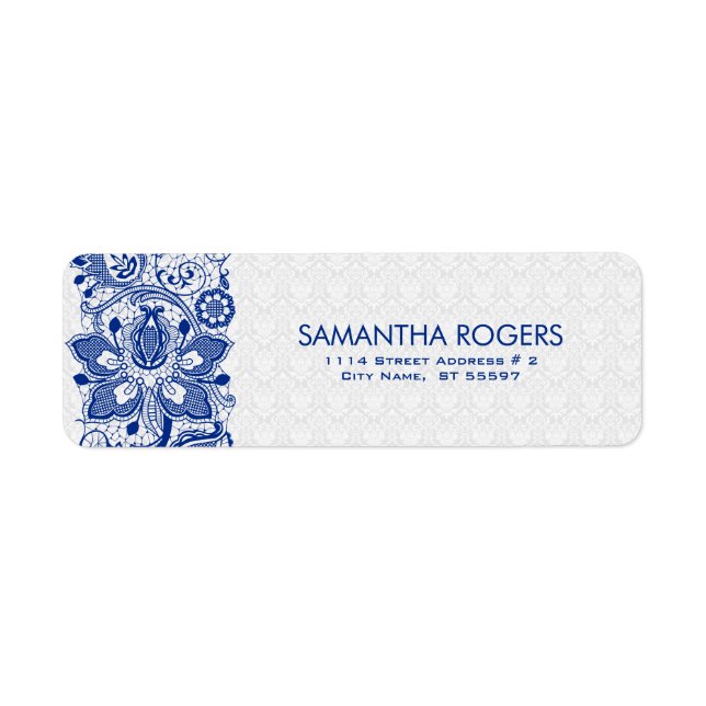 Elegant Blue & White Vintage Floral Lace Label (Front)