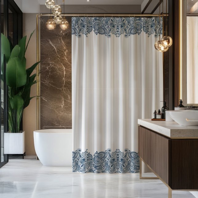 Elegant Blue & White Vintage Paisley Stripe Shower Curtain (Creator Uploaded)