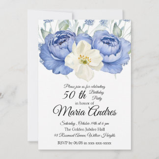 Elegant Blue & White Watercolor 50th Birthday Invitation