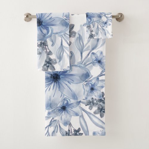 Elegant Blue white watercolor Floral  Bath Towel Set