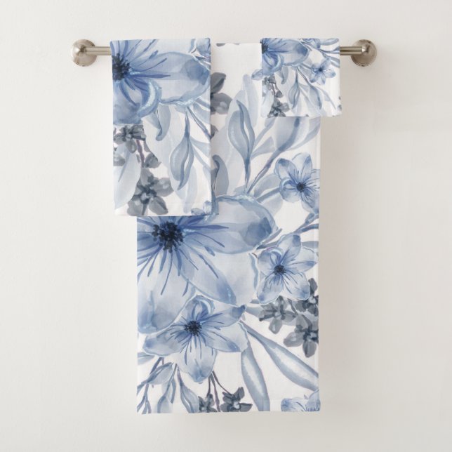 Elegant Blue white watercolor Floral  Bath Towel Set (Insitu)