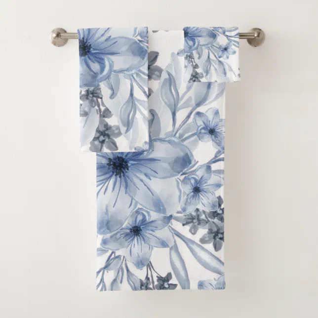 Elegant Blue white watercolor Floral Bath Towel Set | Zazzle