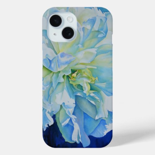 Elegant blue white watercolor floral flower peony iPhone 15 case