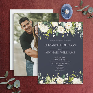 Elegant Blue & White Watercolor Floral Photo Invitation