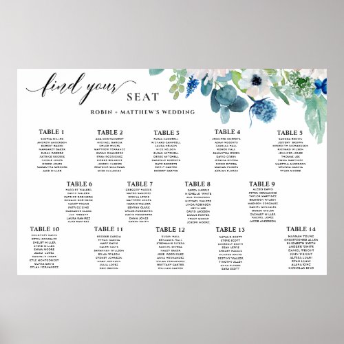 Elegant Blue White Watercolor Floral Seating Chart