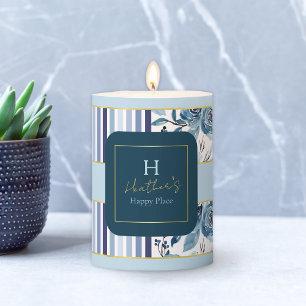 Elegant Blue White Watercolor Floral Stripe Pillar Candle