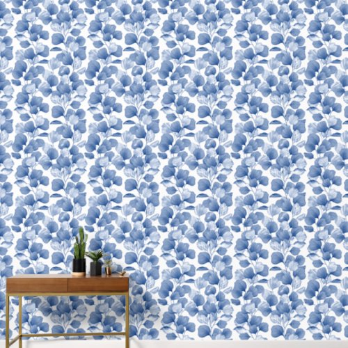 Elegant Blue White Watercolor Leaves Pattern Wallpaper