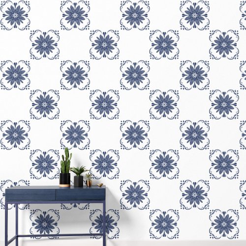 Elegant Blue White Watercolor Mediterranean Tile  Wallpaper