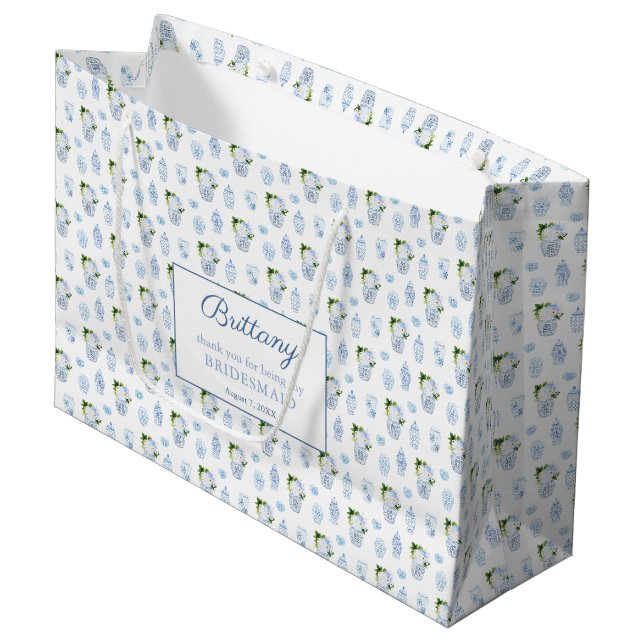 Elegant Blue & White Wedding Bridesmaids Thank You Large Gift Bag (Front Angled)
