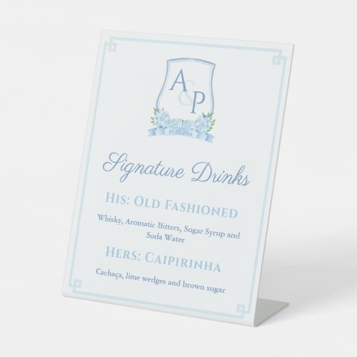 Elegant Blue White Wedding Crest Signature Drinks Pedestal Sign
