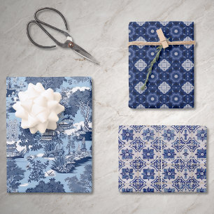 Elegant Blue White Willow Chinoiserie Toile Wrapping Paper Sheets