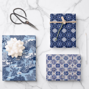 Elegant Blue White Willow Chinoiserie Toile Wrapping Paper Sheets