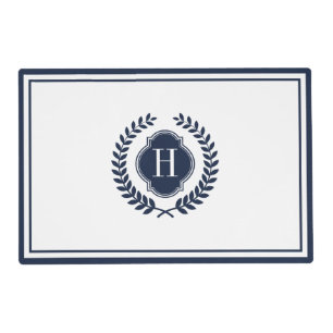 Elegant Blue & White Wreath Crest & Monogram Placemat