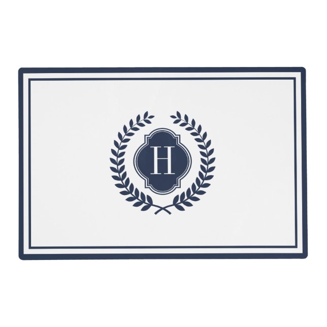 Elegant Blue & White Wreath Crest & Monogram Placemat (Front)