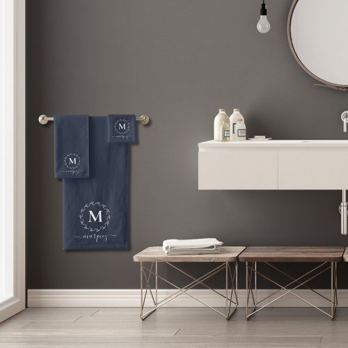 Elegant Blue White Wreath Monogram Personalized Bath Towel Set