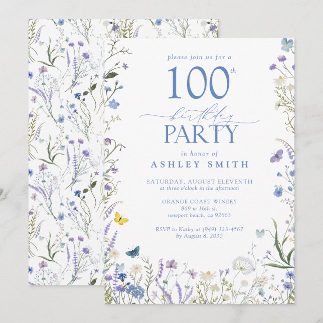 Elegant Blue Wildflower 100th Birthday Party Invitation (Front/Back)