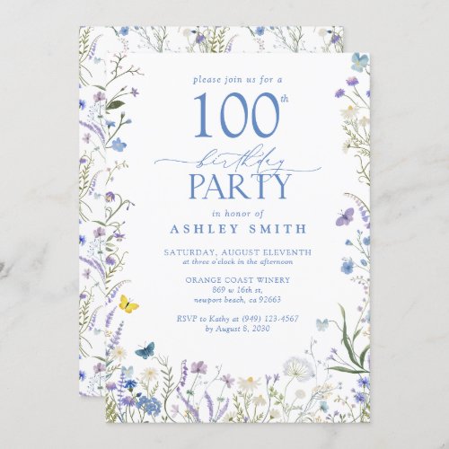 Elegant Blue Wildflower 100th Birthday Party Invitation