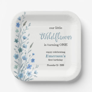 Elegant Blue Wildflower 1st Birthday Party Paper Plates