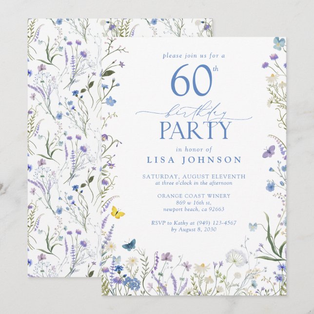 Elegant Blue Wildflower Adult 60th Birthday Party  Invitation (Front/Back)