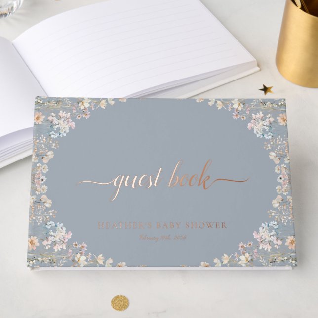 Elegant Blue Wildflower Baby Shower Rose Gold Foil Guest Book (Creator Uploaded)