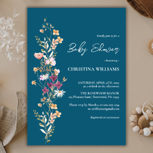 Elegant Blue Wildflower Boho Baby Shower Invitation