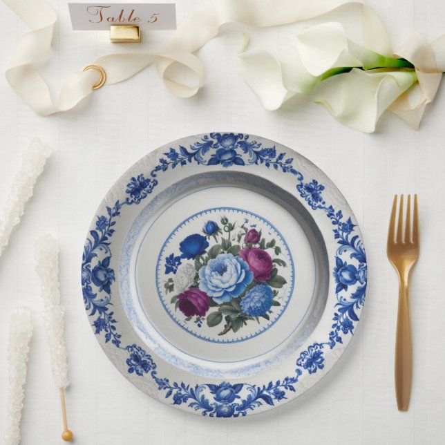 Elegant Blue wildflower Floral Ceramic Wedding Paper Plates (Wedding)