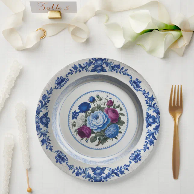 Elegant Blue wildflower Floral Ceramic Wedding Paper Plates | Zazzle