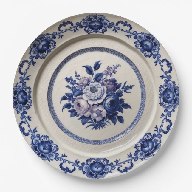 Elegant Blue wildflower Floral Ceramic Wedding Paper Plates (Front)