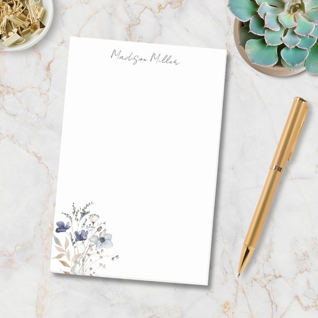 Elegant Blue Wildflower Floral Post-it Notes (In situ)