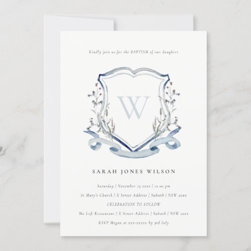 Elegant Blue Wildflower Monogram Crest Baptism Invitation