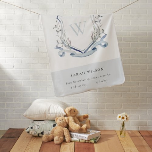 elegant Blue Wildflower Monogram Crest Birth Stat Baby Blanket