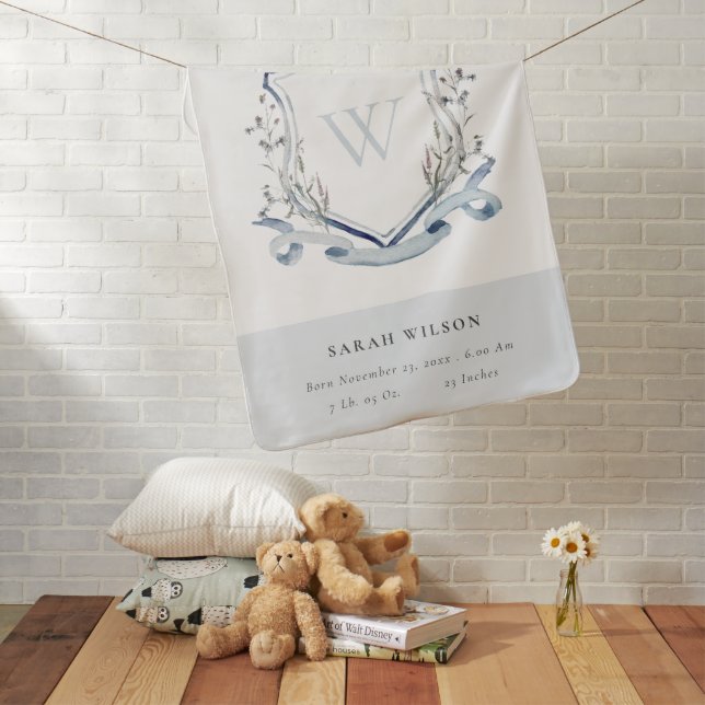 elegant Blue Wildflower Monogram Crest Birth Stat Baby Blanket (In Situ)