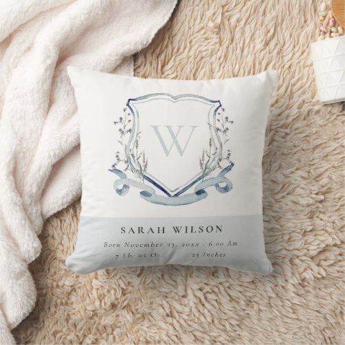 Elegant Blue Wildflower Monogram Crest Birth Stat Throw Pillow