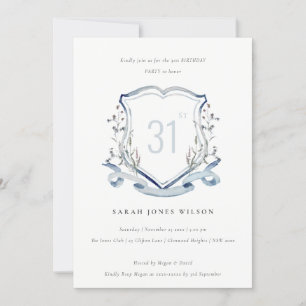 Elegant Blue Wildflower Monogram Crest Birthday Invitation
