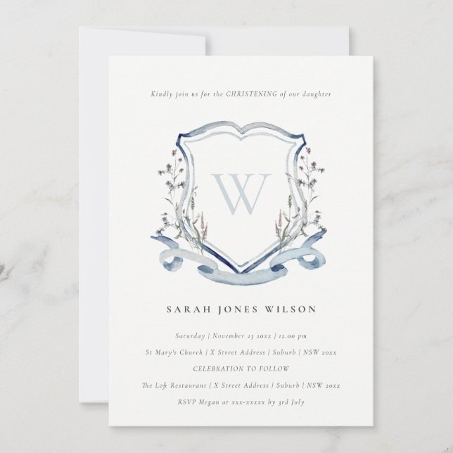 Elegant Blue Wildflower Monogram Crest Christening Invitation (Front)