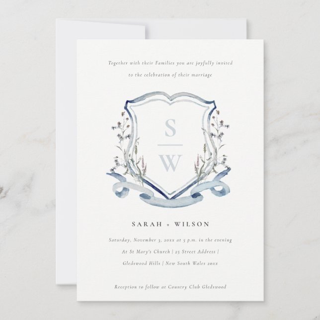 Elegant Blue Wildflower Monogram Crest Wedding Invitation (Front)