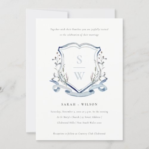 Elegant Blue Wildflower Monogram Crest Wedding Invitation