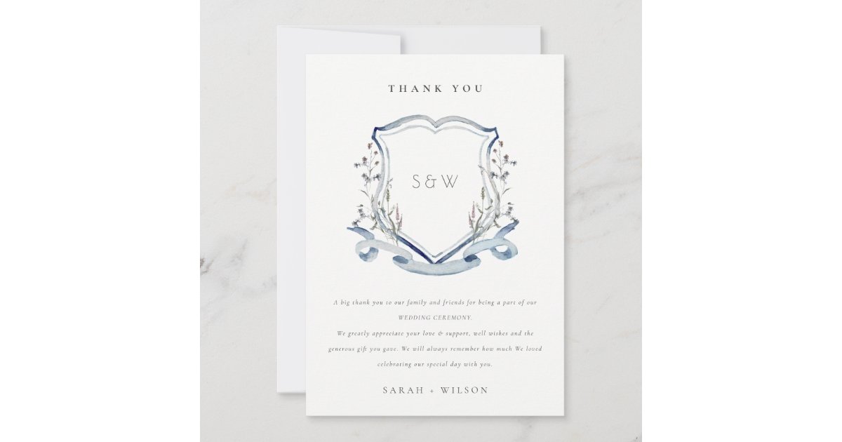 Elegant Blue Wildflower Monogram Crest Wedding Thank You Card | Zazzle
