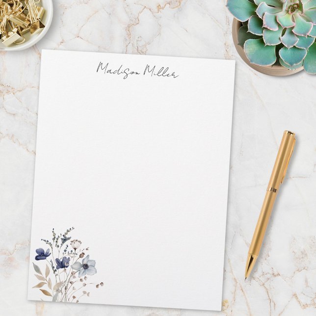 Elegant Blue Wildflower Personalized Name Floral Letterhead (In situ)