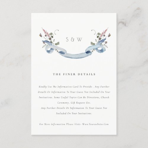 Elegant Blue Wildflower Ribbon Wedding Details Enclosure Card