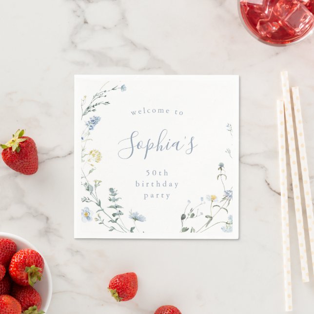 Elegant Blue Wildflower Rustic Boho Birthday Napkins (Insitu)